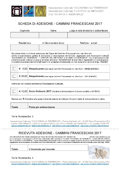 Adesione Cammini Francescani 2017
