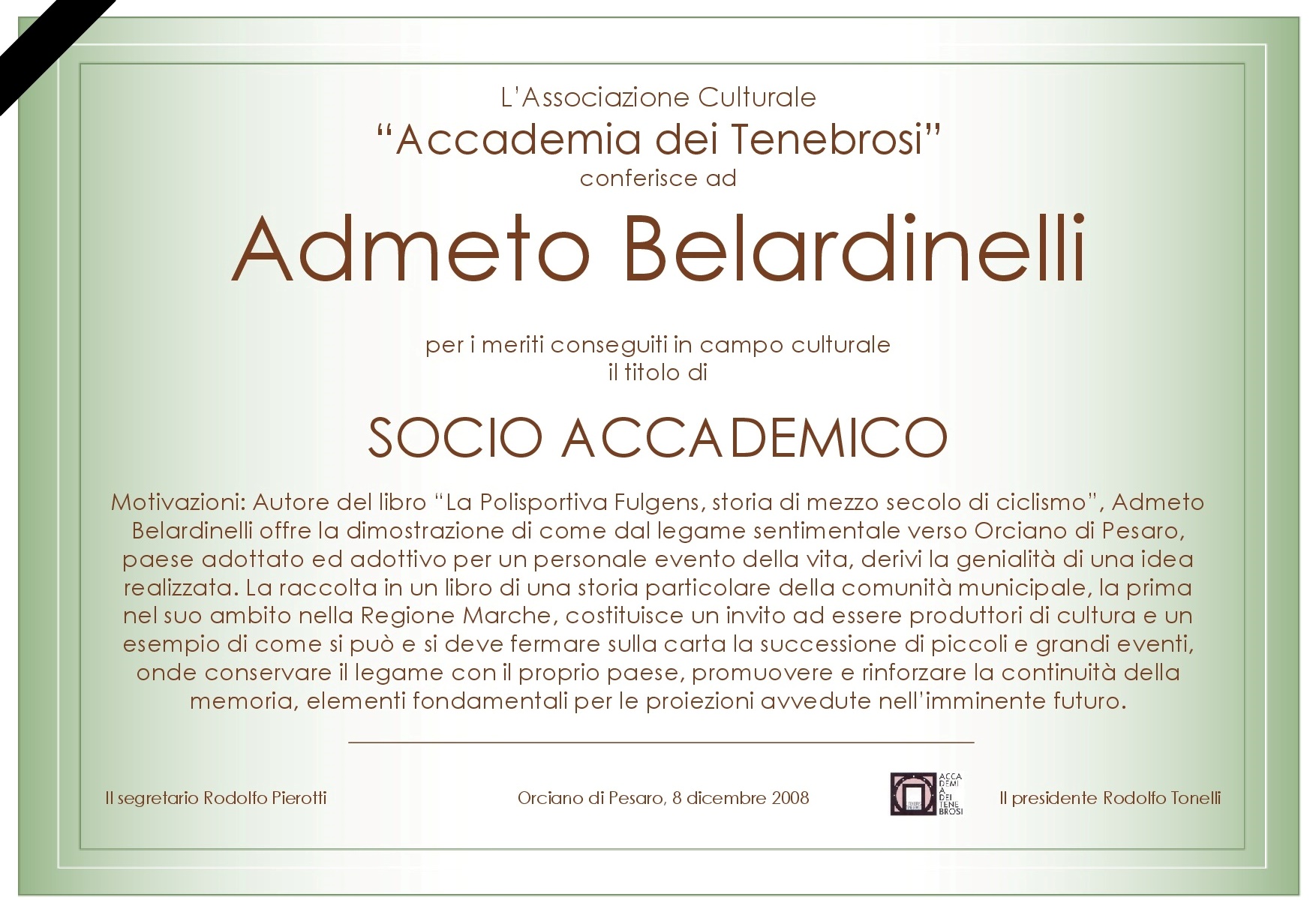 Attestato Socio Accademico Admeto Belardinelli