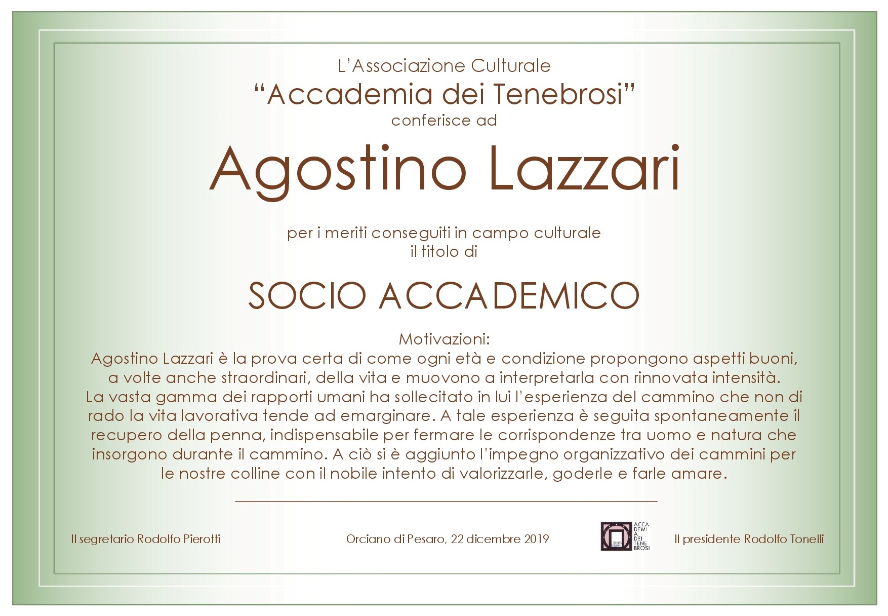 Attestato Socio Accademico Agostino Lazzari