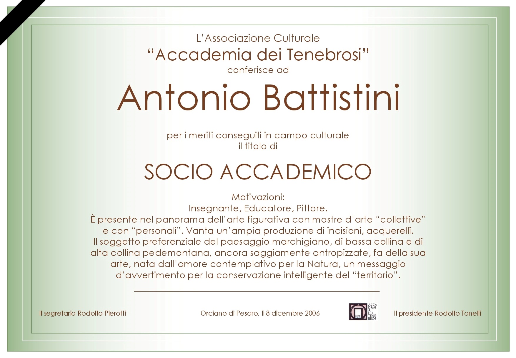 Attestato Socio Accademico Antonio Battistini