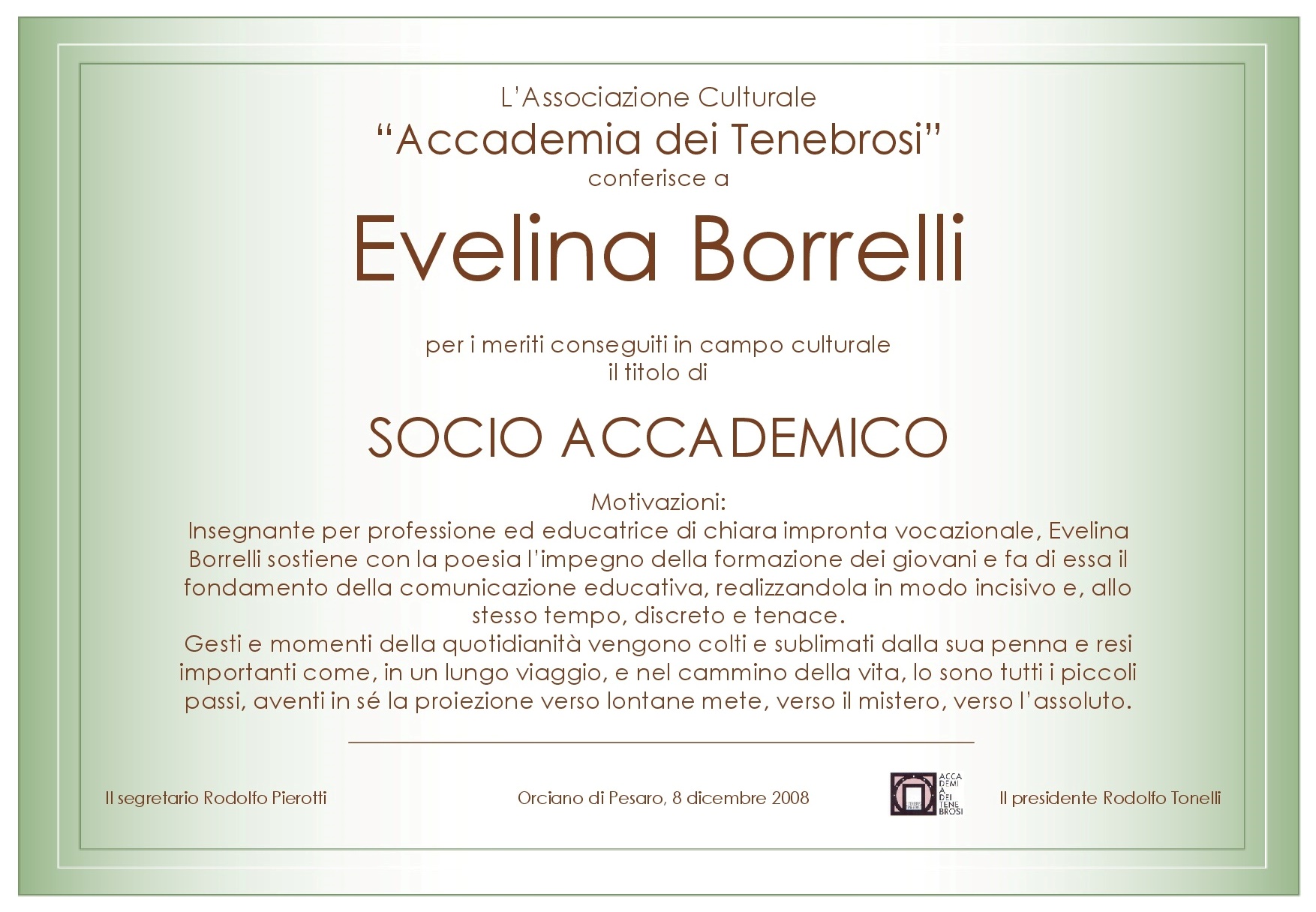 Attestato Socio Accademico Evelina Borrelli