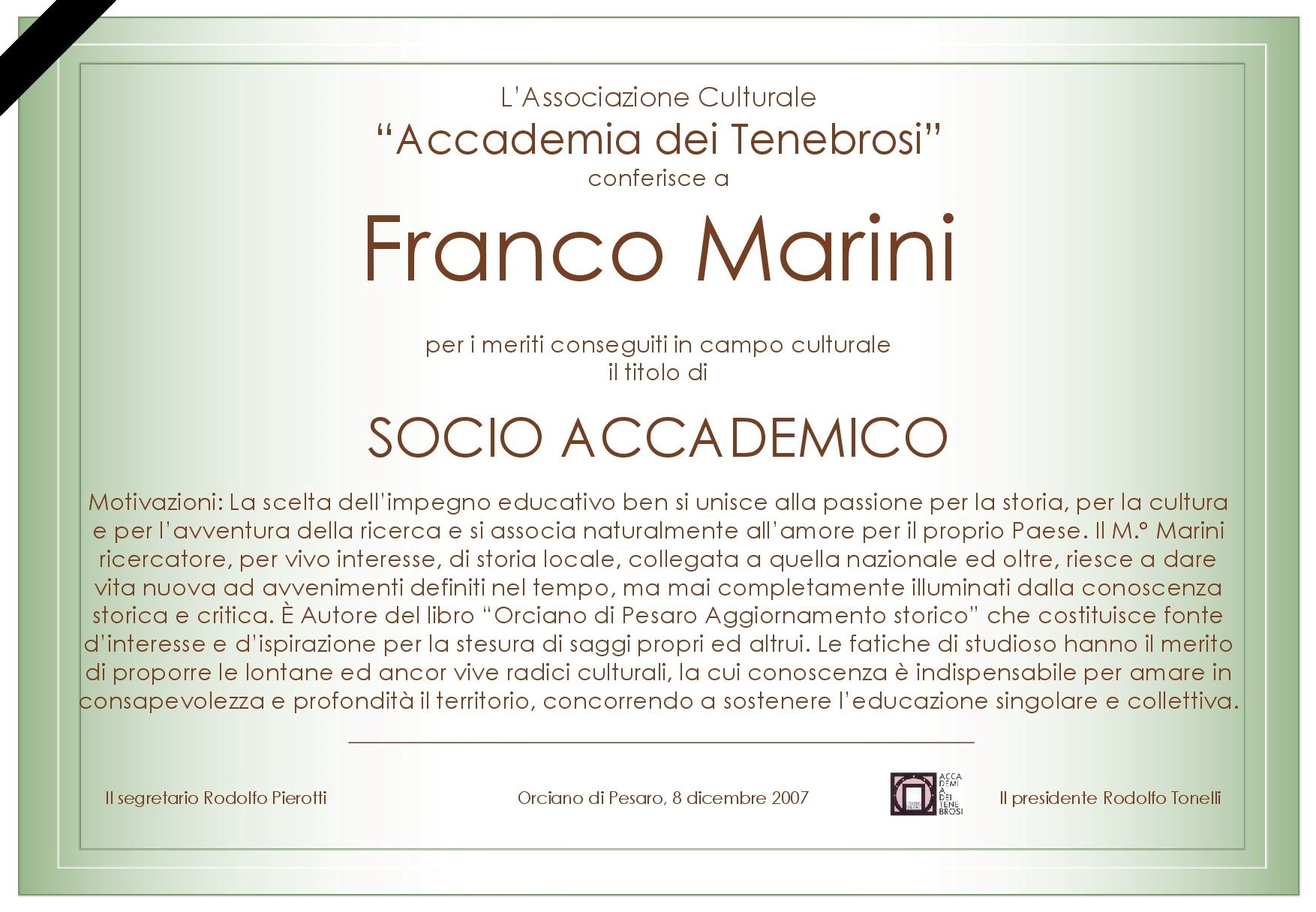 Attestato Socio Accademico Franco Marini
