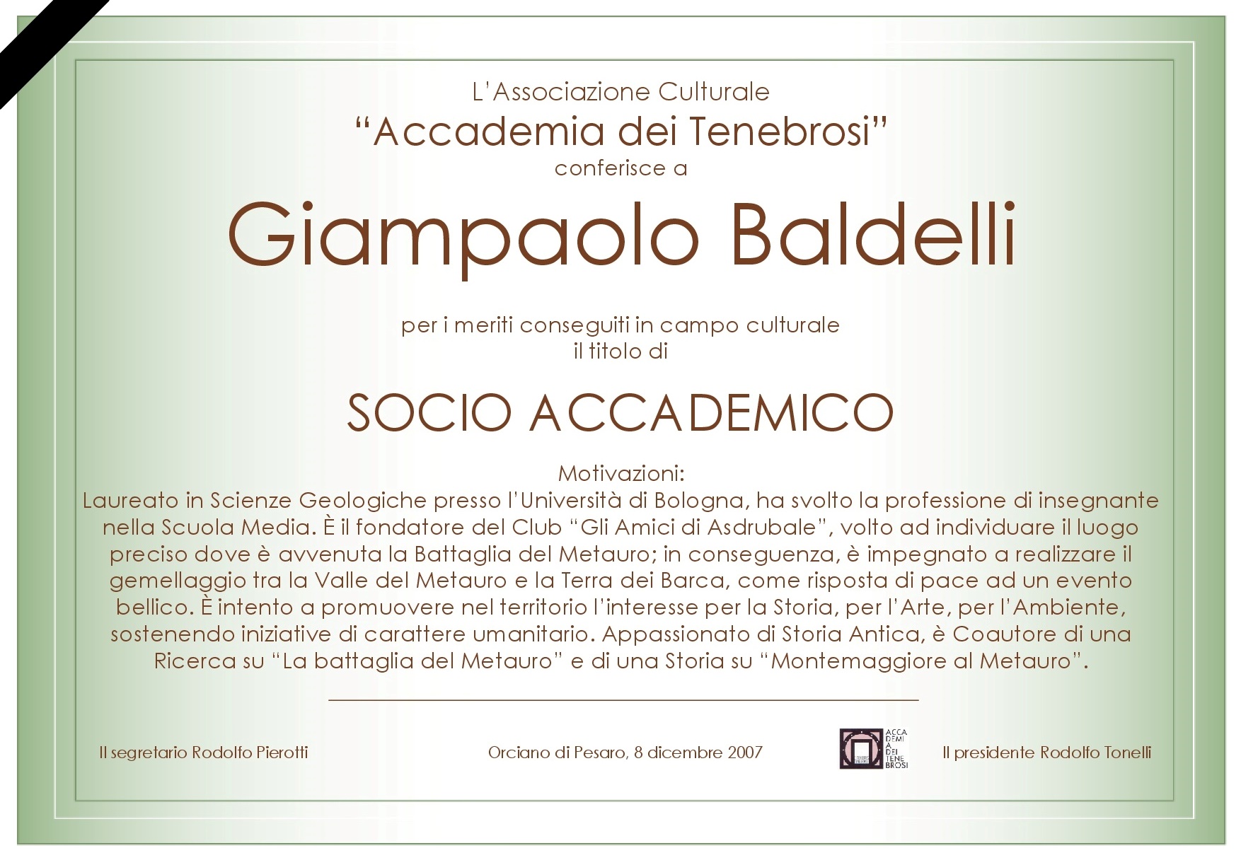 Attestato Socio Accademico Giampaolo Baldelli