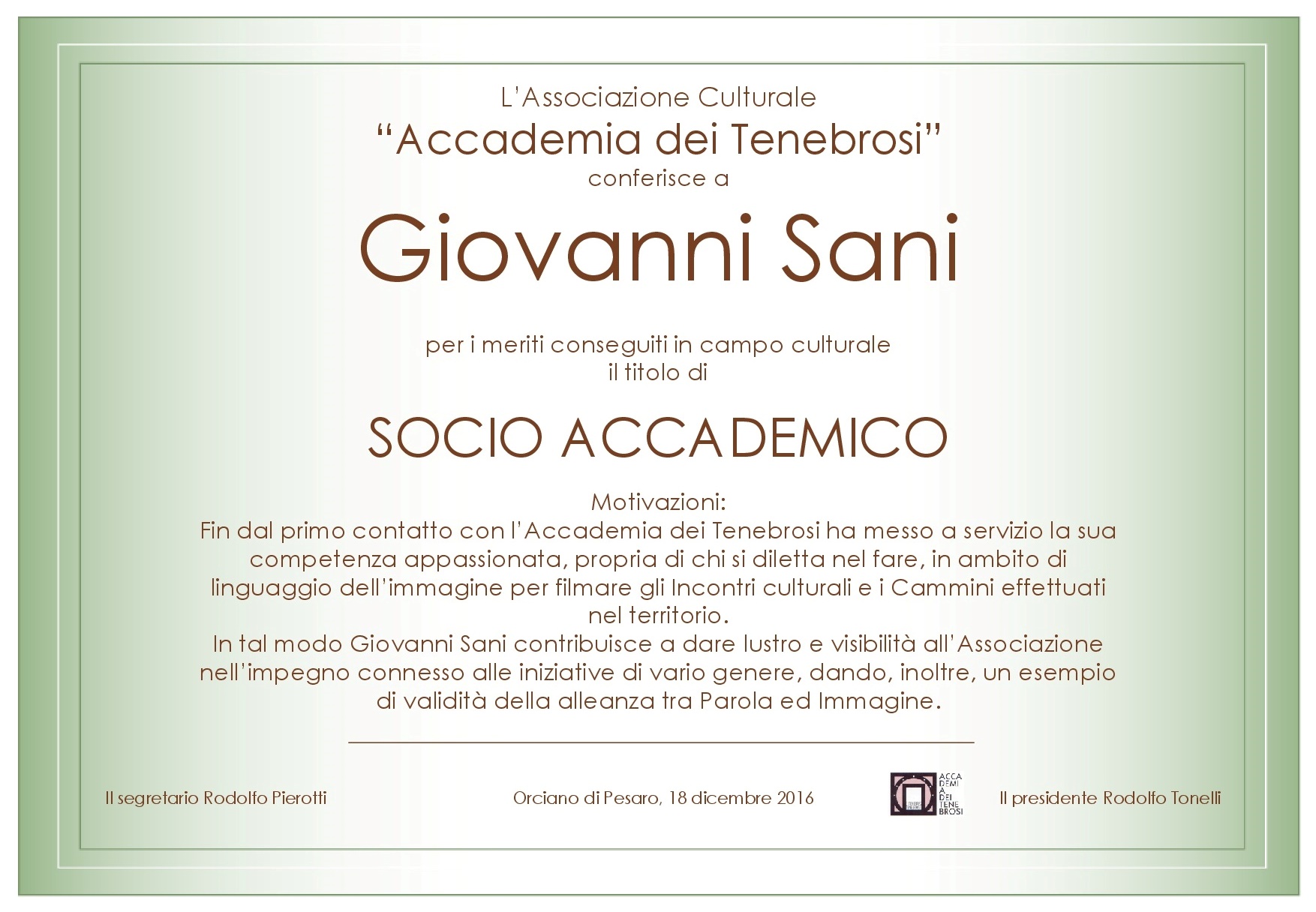 Attestato Socio Accademico Giovanni Sani