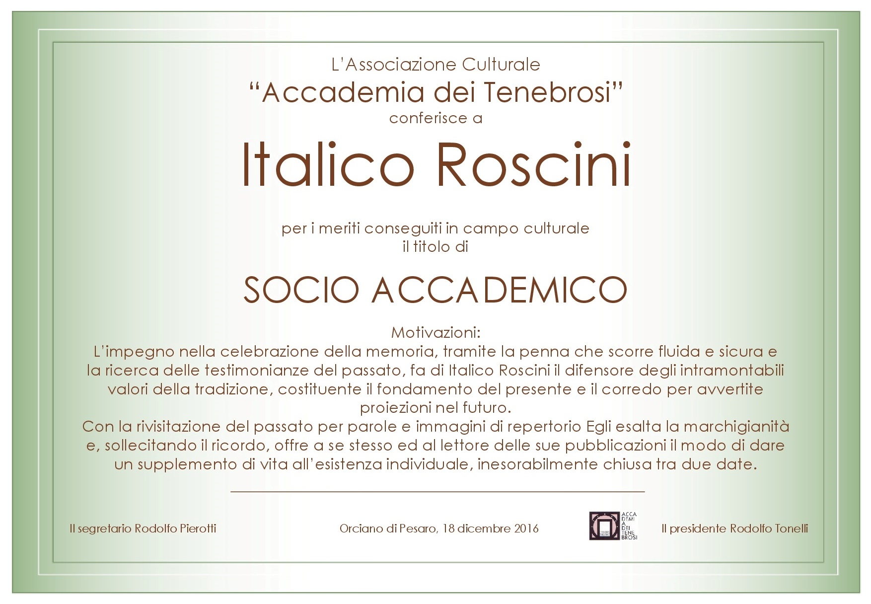 Attestato Socio Accademico Italico Roscini