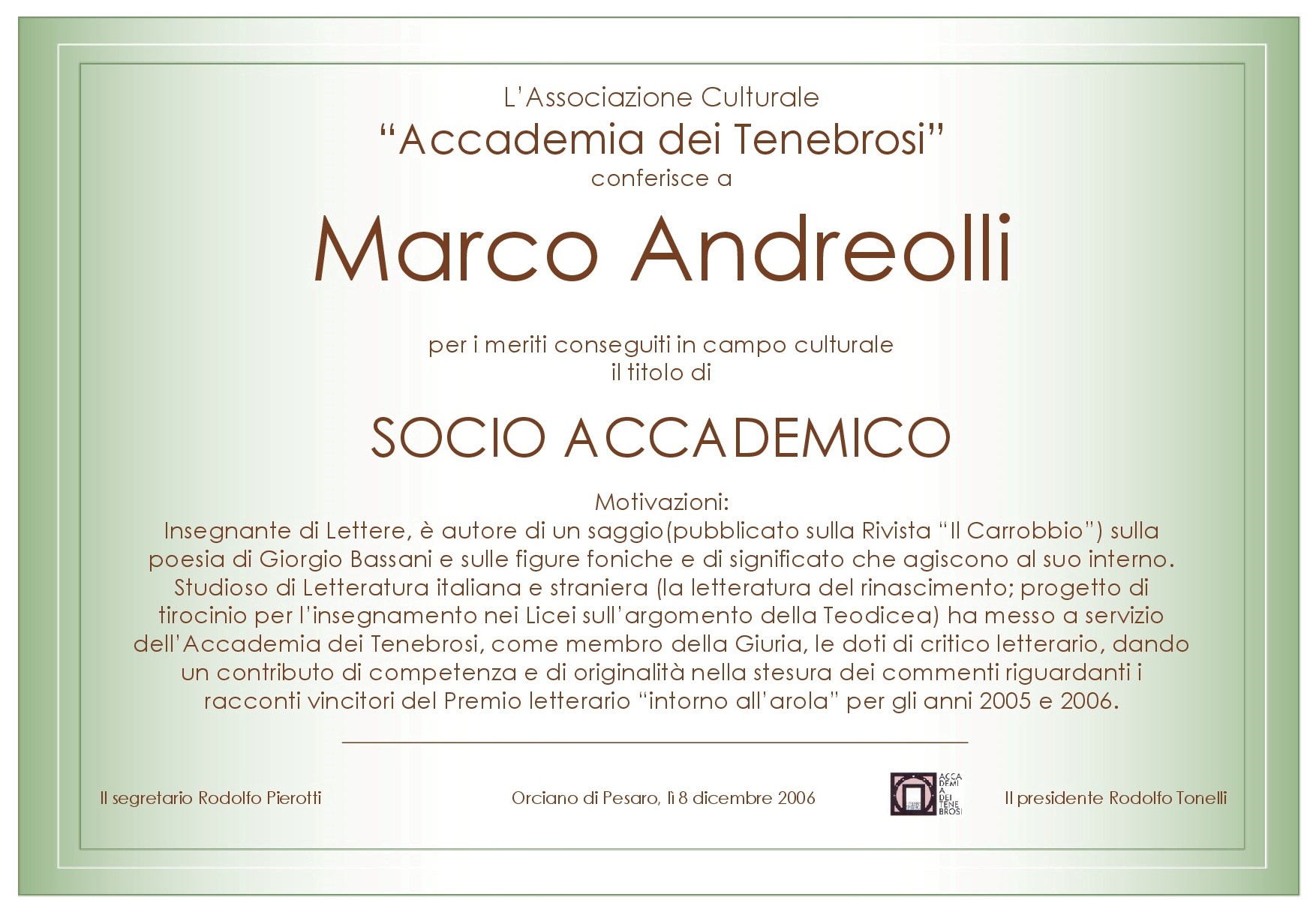 Attestato Socio Accademico Marco Andreolli