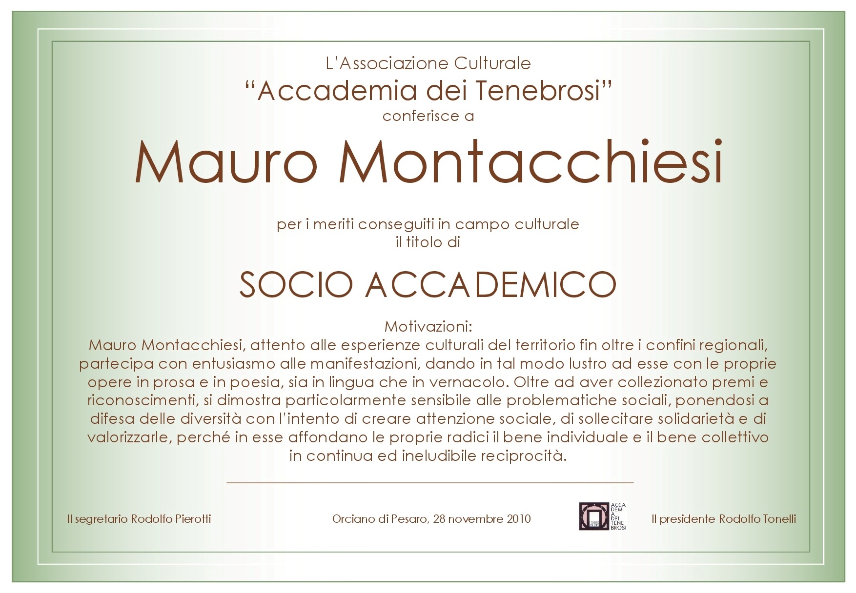 Attestato Socio Accademico Mauro Montacchiesi