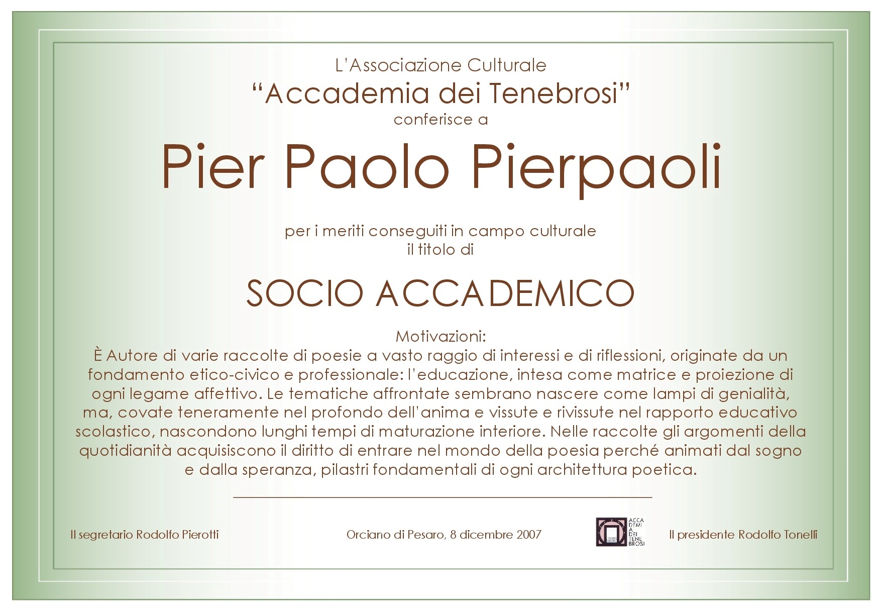 Attestato Socio Accademico Pier Paolo Pierpaoli