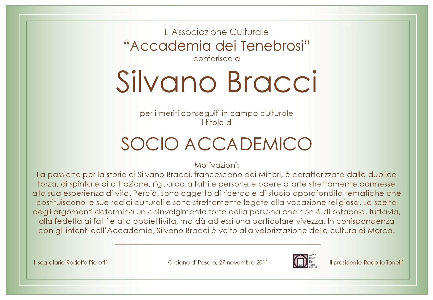 Attestato Socio Accademico Silvano Bracci