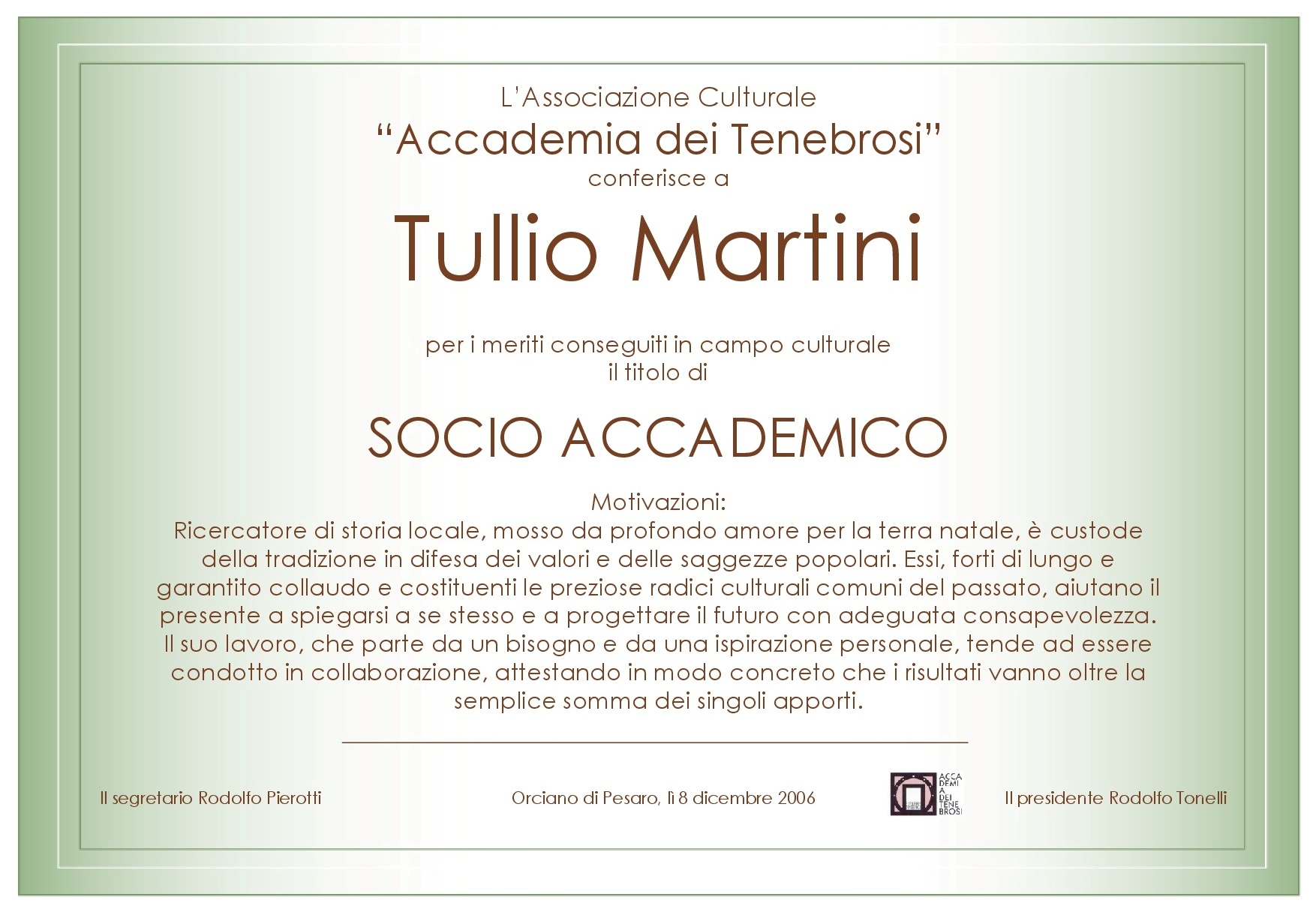 Attestato Socio Accademico Tullio Martini