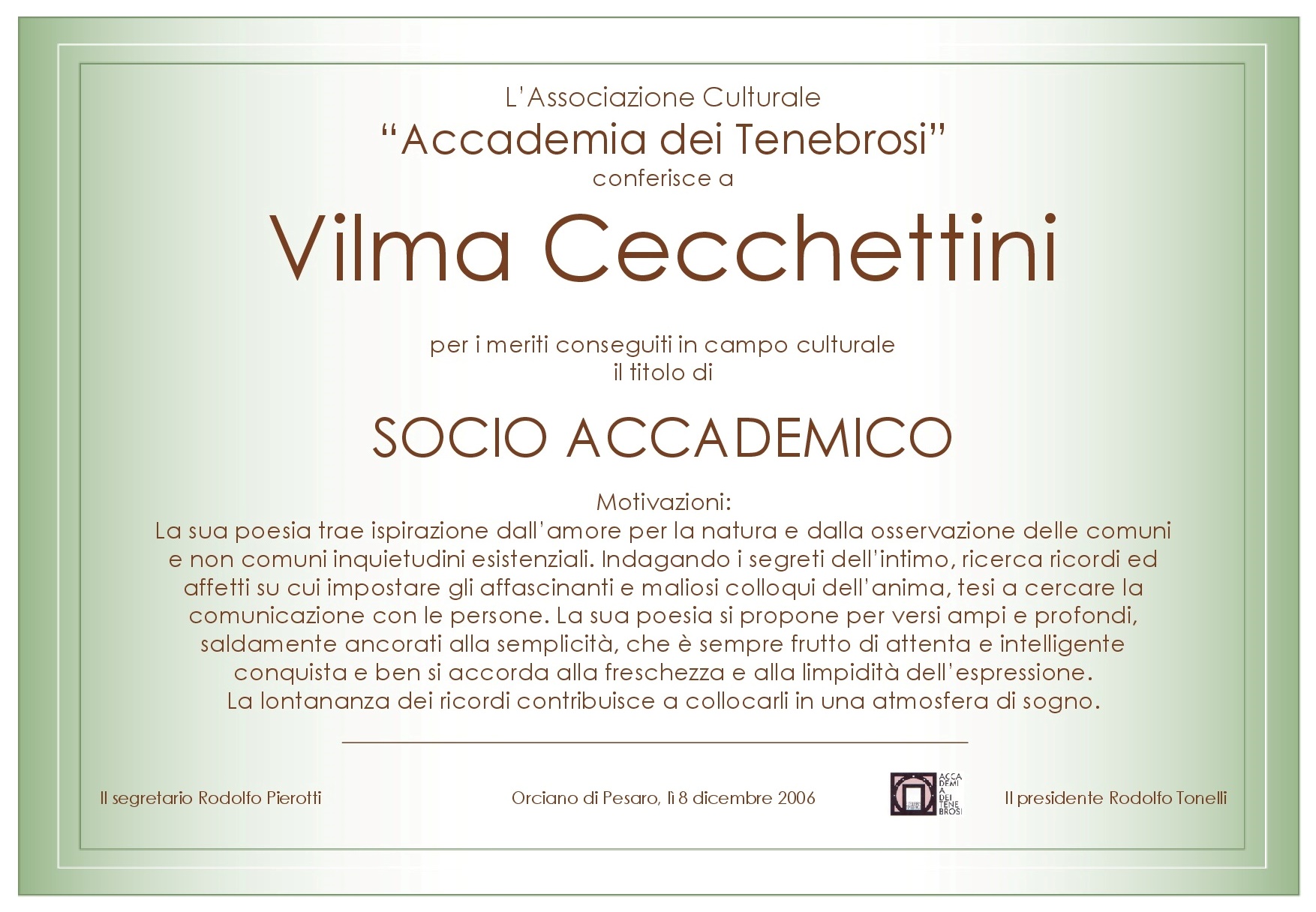 Attestato Socio Accademico Vilma Cecchettini
